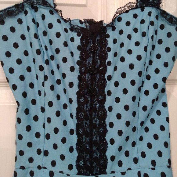 Switchblade Stiletto Pinup Retro Stretch Blue dot rockabilly wiggle ruffle Dress - Picture 3 of 6
